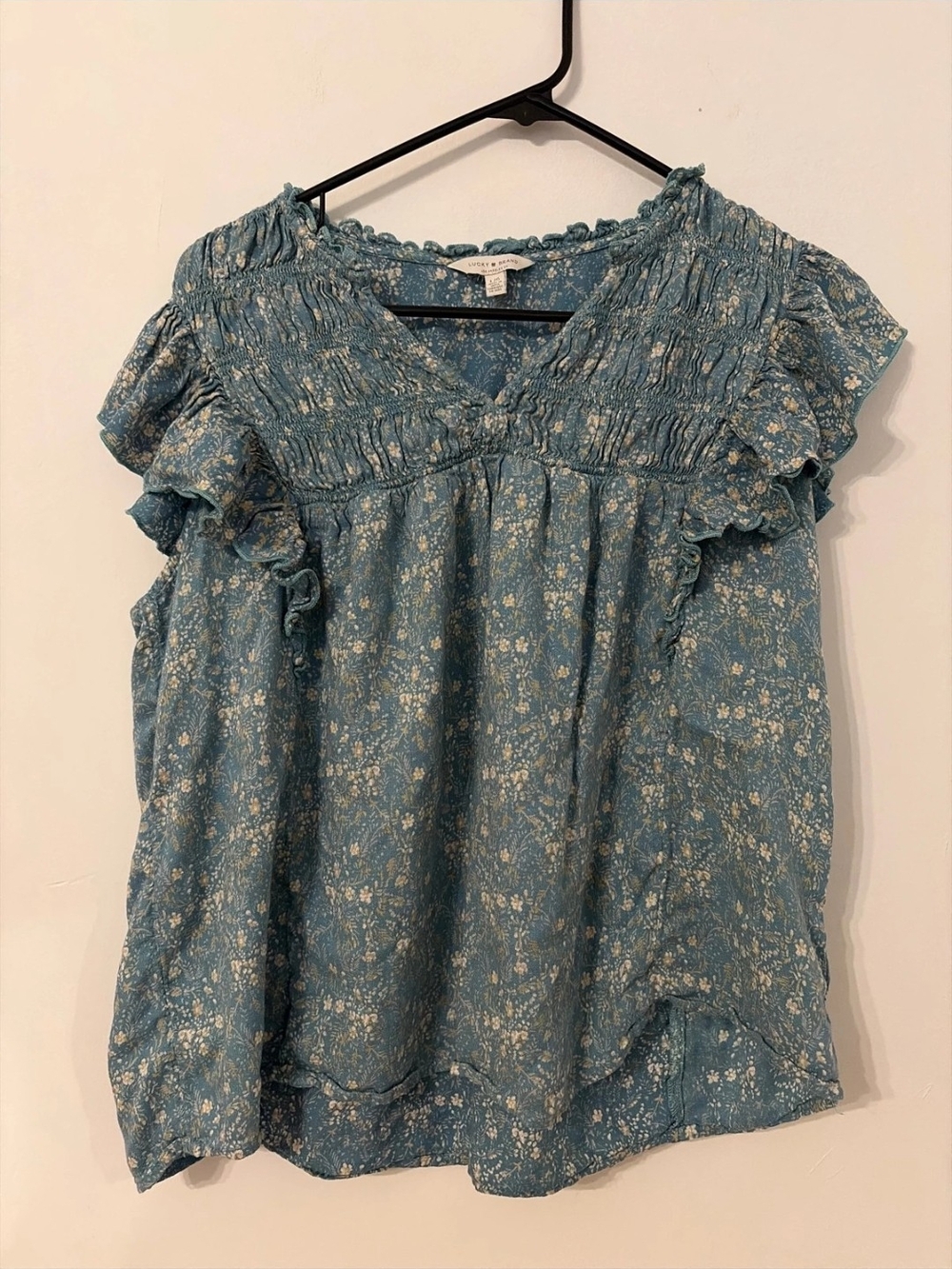 Lucky Brand Dusty Teal Floral Ruffle Smocked Blouse